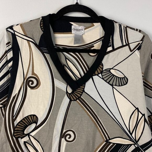 Chicos Top Womens 1 US M Neutral Geometric V Neck Blouse 3/4 Sleeves Stretch - Picture 2 of 8